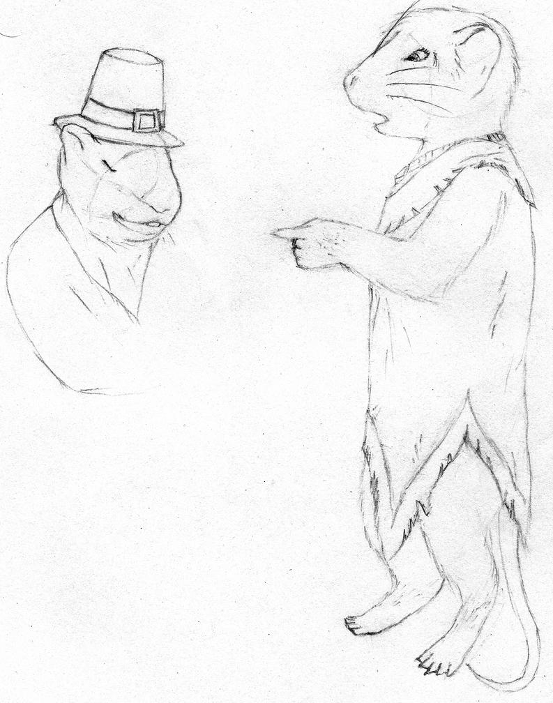 Image: A female, anthropomorphic, American field mouse, wearing a Native American dress, turns to point in astonishment at a male, anthropomorphic Eurasian house mouse wearing a pilgrim hat, who seems to be talking back at her smugly. Half of the male's body has not yet been drawn. Caption: 
