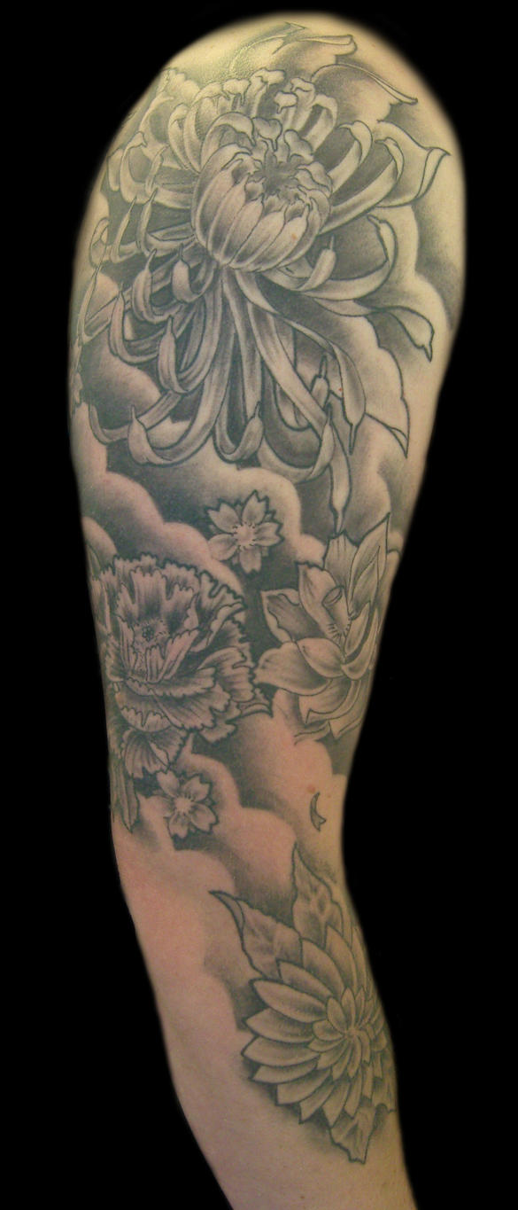 flower sleeve black and gray - sleeve tattoo