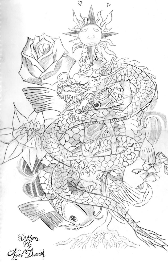 Dragon, Koi Fish Tattoo Design